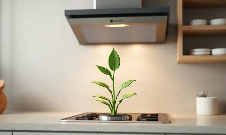 Simbolismo de sustentabilidade e economia de energia na cozinha através de elementos naturais e modernos em 3D.