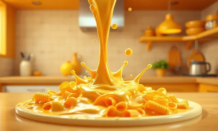 Massa de macarrão sendo banhada por um molho cremoso e vibrante em uma cena artística.
