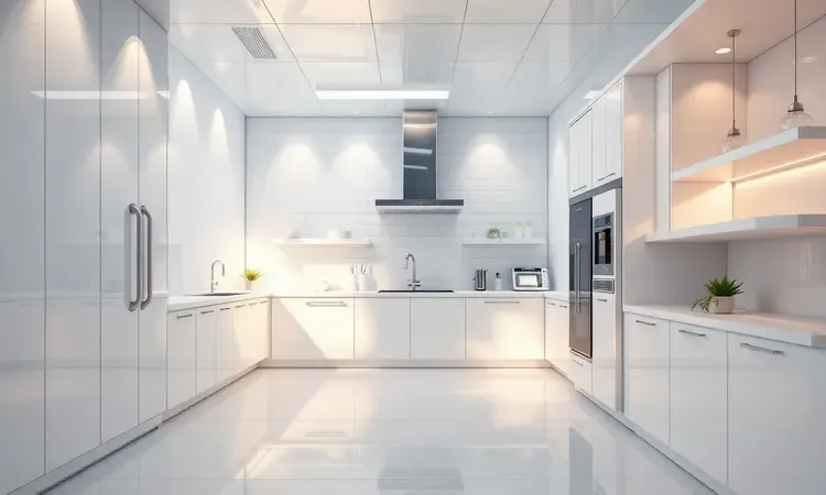 Ambiente de cozinha limpo e brilhante representando a facilidade de limpeza após o preparo da panceta.