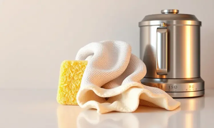 Utensílios de limpeza suaves dispostos de forma estética ao lado de uma superfície brilhante e limpa em uma cozinha moderna.