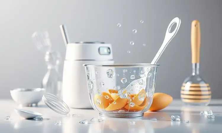 Representação conceitual de limpeza e brilho em componentes de air fryer com gotas de água cristalinas.
