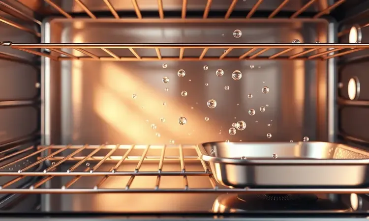 Grades e bandejas de forno brilhantes e limpas em um cenário minimalista com gotas de água.