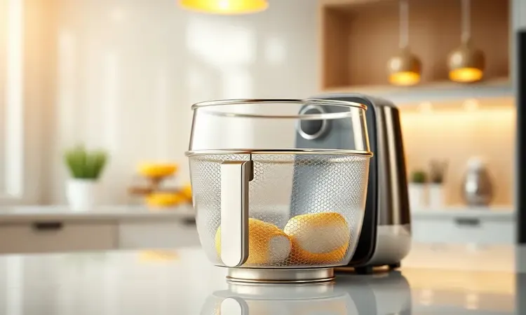 Fritadeira elétrica limpa e brilhante em um ambiente de cozinha moderno e bem iluminado estilo 3D.