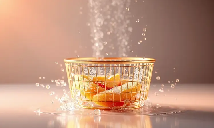 Cesto de fritadeira limpo e brilhante simbolizando a manutenção e durabilidade do eletrodoméstico.