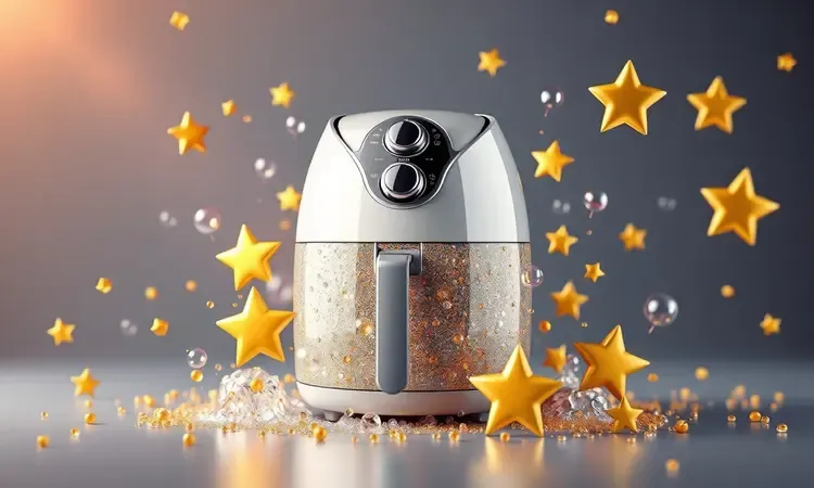 Ilustração 3D de uma airfryer limpa e conservada com elementos decorativos de brilho.