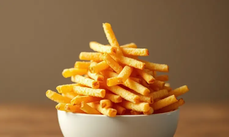 Batatas fritas douradas e crocantes empilhadas em uma tigela minimalista com iluminação quente.