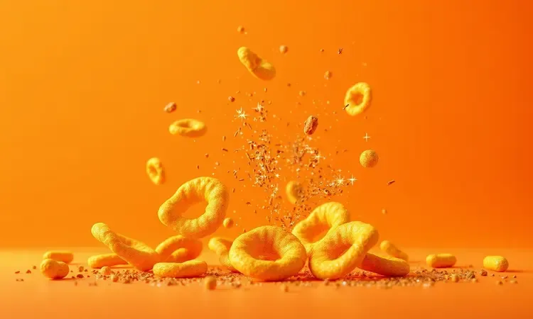 Elementos dourados e crocantes estilizados flutuando em um fundo vibrante que simboliza sabor e textura perfeita.