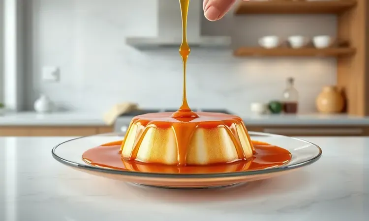 Pudim sendo desenformado perfeitamente sobre um prato de vidro sofisticado com calda de caramelo brilhante.
