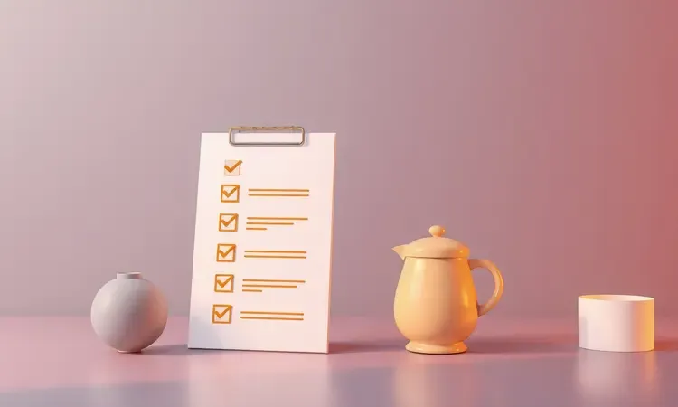 Ilustração 3D conceitual de uma lista de verificação e planejamento para escolha de eletrodomésticos de cozinha.