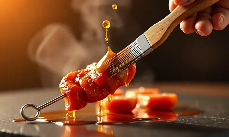 Espetinho de carne sendo pincelado com molho e temperos para garantir suculência no churrasco.