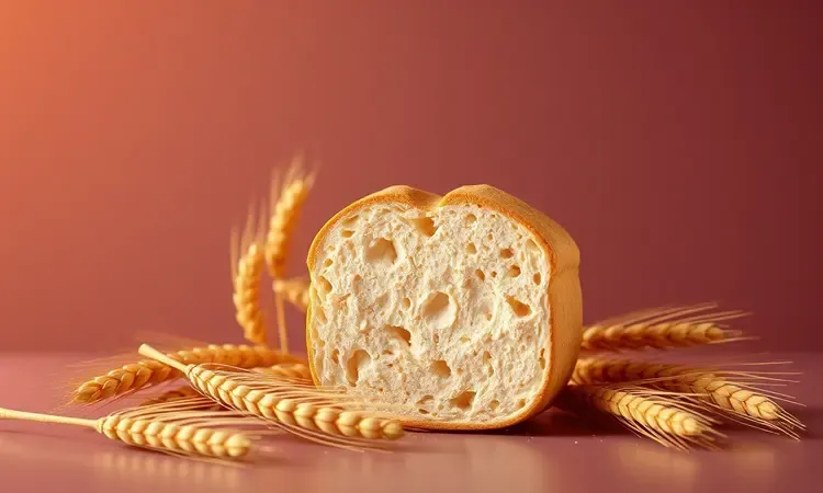 Detalhe da textura interna macia de um pão caseiro dourado com ramos de trigo ao fundo em estilo render 3D.