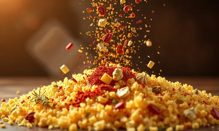 Especiarias coloridas e ervas secas sendo adicionadas à farinha de rosca para dar sabor extra.