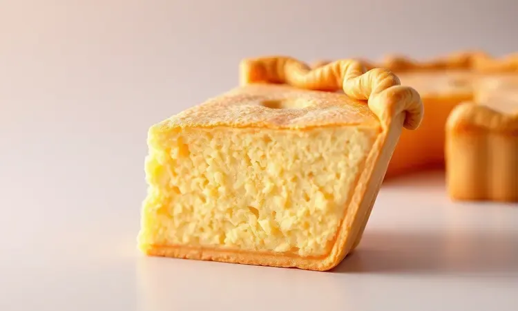 Detalhe de uma fatia de torta bem assada e fofinha destacando a textura perfeita.