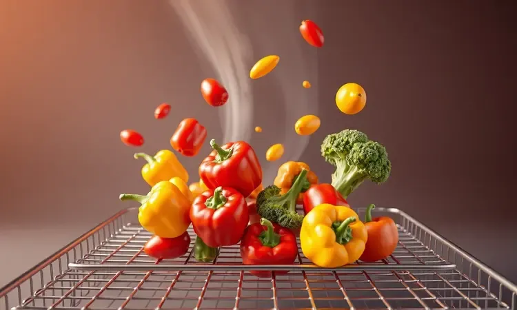 Legumes coloridos e frescos flutuando sobre a grelha de um cesto de fritadeira impecável e sem marcas.