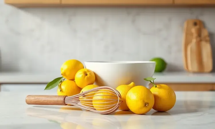 Composição artística com limões frescos e utensílios de cozinha em um ambiente iluminado.