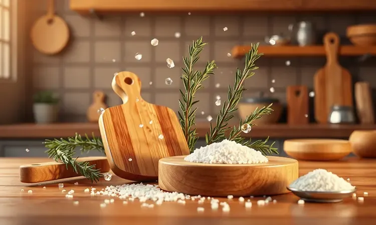 Elementos de temperos como sal grosso e alecrim em uma composição artística 3D de cozinha moderna.