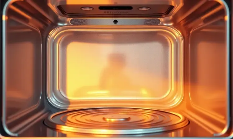Interior de uma fritadeira elétrica impecavelmente limpo e brilhante com iluminação dourada refletindo nas superfícies.