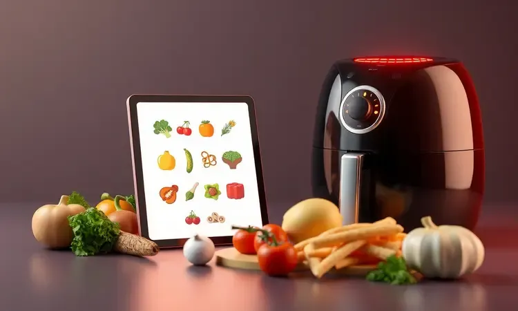 Ilustração 3D de ingredientes frescos e um guia de receitas digital ao lado de uma fritadeira elétrica estilizada.