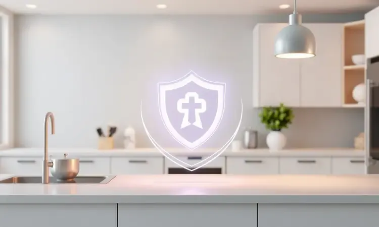 Cena 3D mostrando uma bancada de cozinha organizada e segura, com foco na preservação e cuidados com aparelhos domésticos.