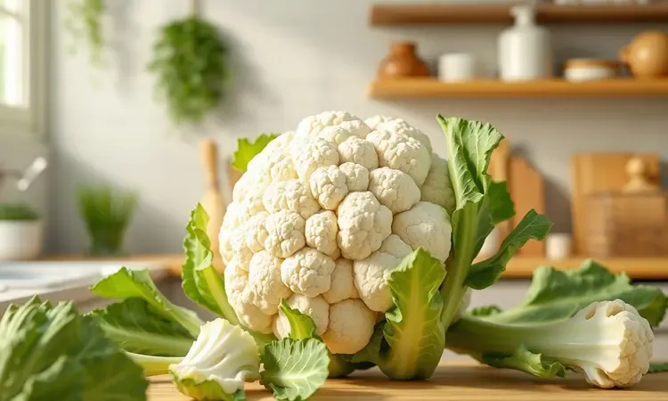 Folhas e talos verdes de couve-flor organizados de forma artística para representar sustentabilidade na cozinha.
