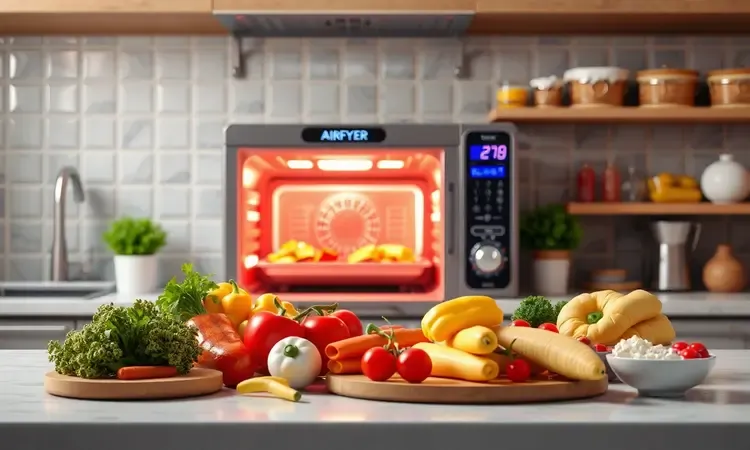Cena conceitual 3D de uma bancada de cozinha estilizada com ingredientes frescos e um forno airfryer ao fundo em luz quente.