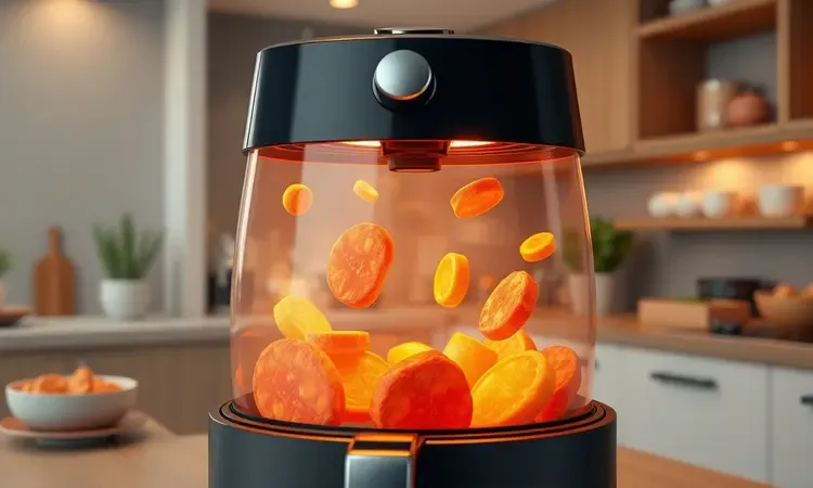 Representação visual de calor e eficiência energética em uma fritadeira sem óleo moderna e estilizada em 3D.