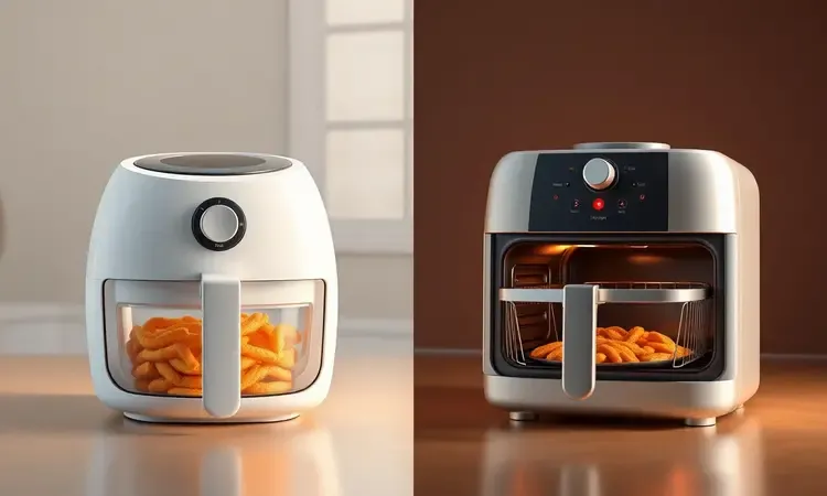 Comparativo visual entre dois modelos de air fryer, uma de cesto e outra estilo forno, em um cenário 3D estilizado.