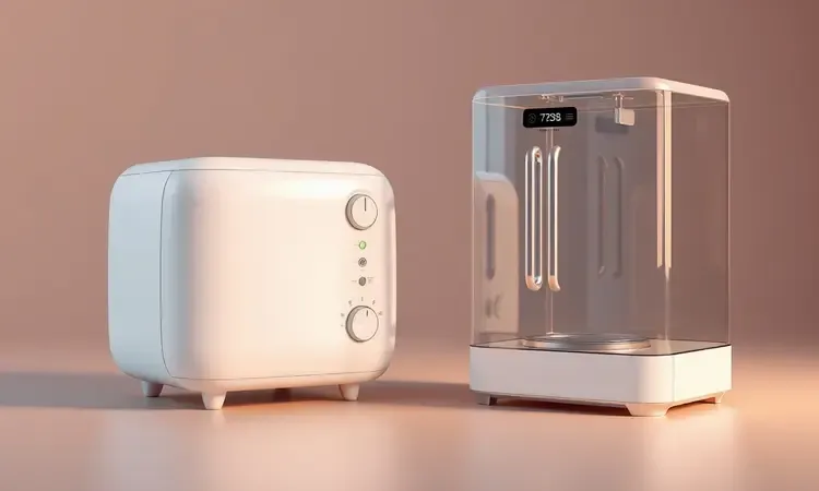 Comparativo visual entre o design de uma air fryer tradicional e uma air fryer oven em 3D.