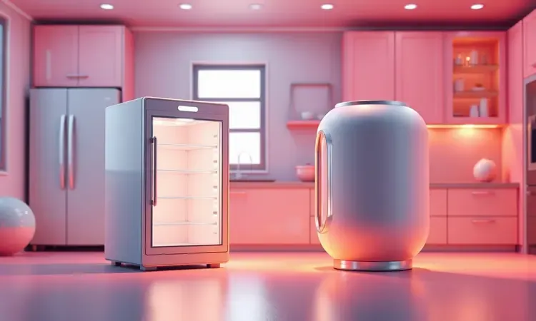 Comparativo 3D entre modelos de air fryer tipo forno e tipo cesto em uma bancada de cozinha moderna.