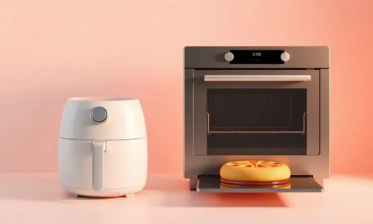 Comparação visual entre uma fritadeira compacta e um forno tradicional em um ambiente de design minimalista.
