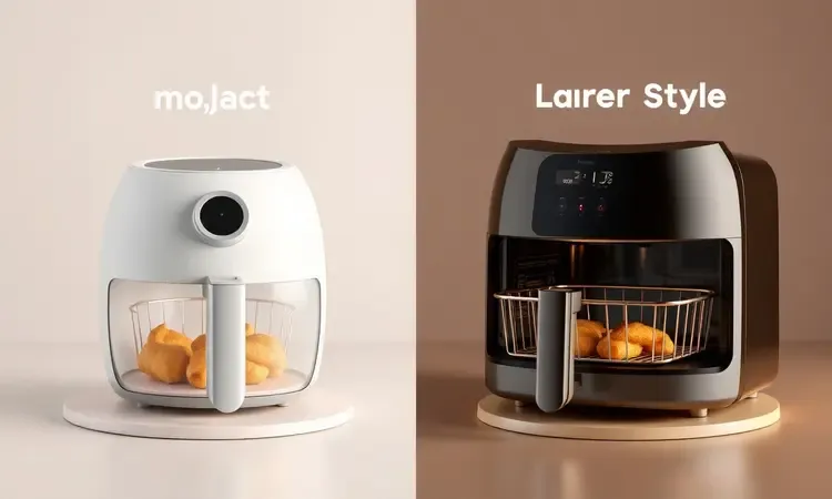 Comparação conceitual entre air fryer tipo cesto e air fryer tipo forno em 3D.