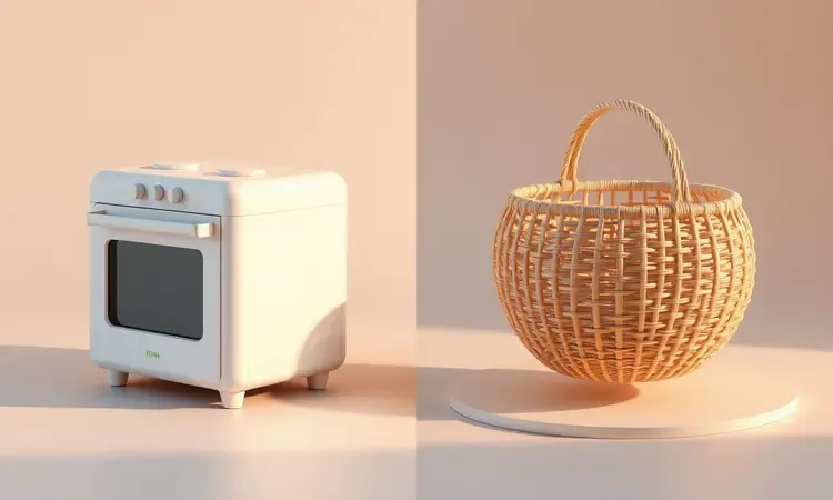 Comparativo visual entre o formato de um forno compacto e um cesto de fritadeira tradicional em estilo 3D.