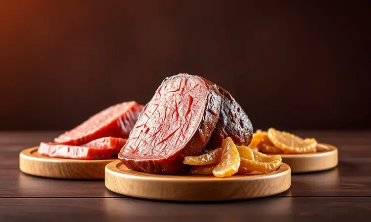 Comparação visual em 3D das texturas e cores entre carne de sol, charque e carne seca em tábuas de madeira.