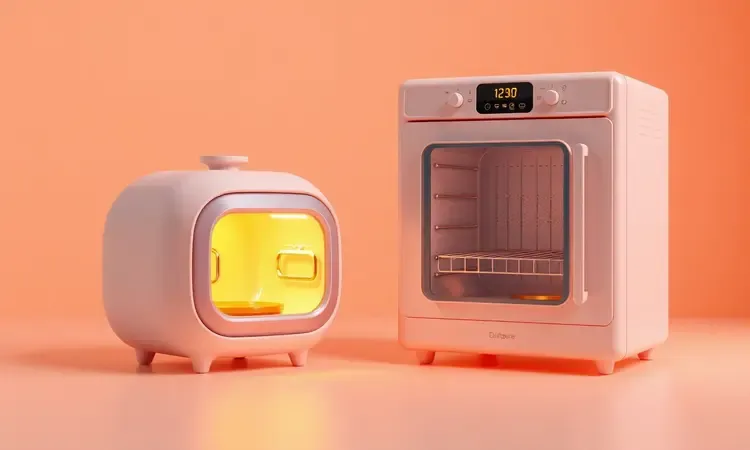 Comparação conceitual entre uma air fryer tradicional e um modelo oven em 3D com iluminação suave e tons quentes.