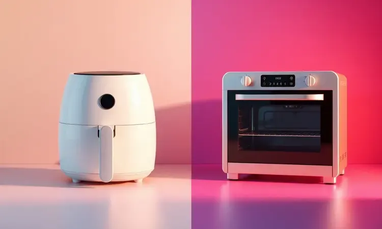 Comparativo visual 3D entre uma fritadeira sem óleo e um forno elétrico em um cenário colorido e estilizado.