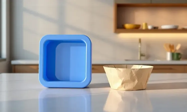 Comparação visual entre uma forma de silicone vibrante e um forro de papel descartável sobre uma bancada limpa.