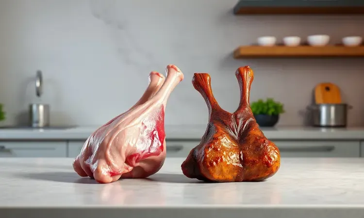 Comparativo visual conceitual entre joelho de porco fresco e defumado em uma bancada de cozinha moderna.
