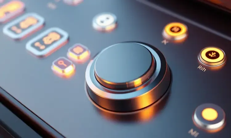 Interface de controle estilizada com elementos digitais e analógicos em renderização 3D colorida.