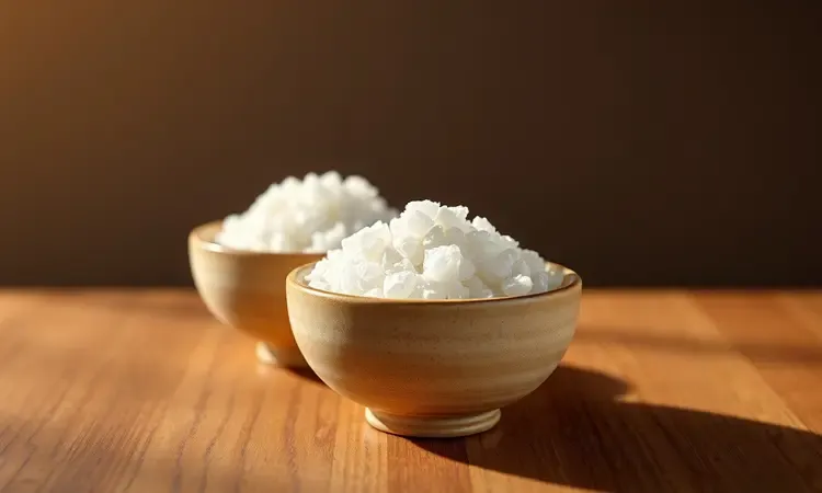 Dois recipientes de cerâmica com polvilho doce e azedo sobre uma superfície de madeira minimalista em renderização 3D.