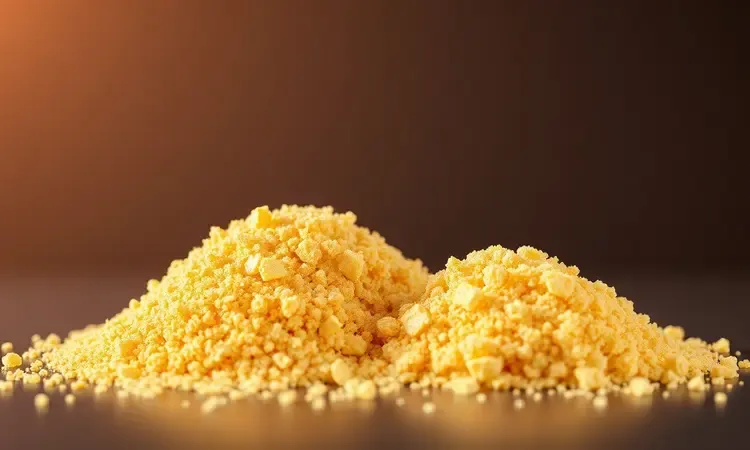 Macro de farinha de rosca fina e farinha panko crocante comparando texturas culinárias em estilo 3D.