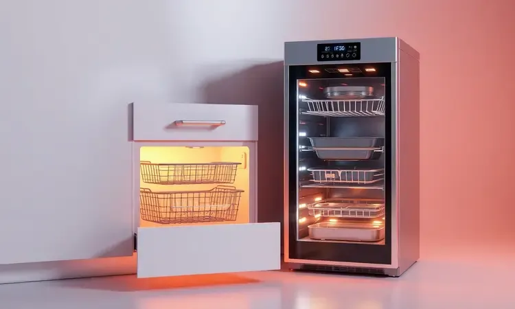 Comparativo visual entre o design de cesto removível e o modelo tipo forno oven.