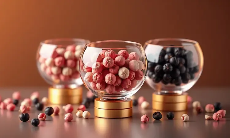 Comparação visual entre diferentes tipos de grãos de pimenta em recipientes de vidro minimalistas com iluminação artística.
