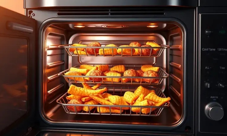 Ilustração conceitual 3D das prateleiras internas de uma airfryer oven mostrando a versatilidade de espaço e múltiplos níveis.