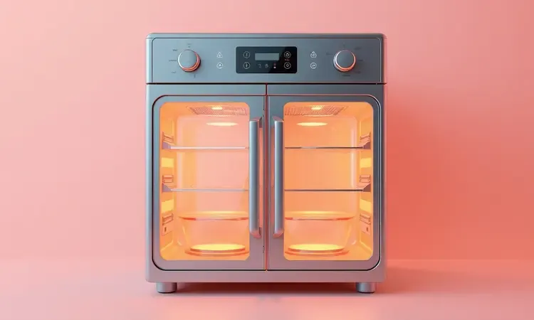 Ilustração 3D conceitual de uma fritadeira com duas gavetas independentes e luzes internas quentes.