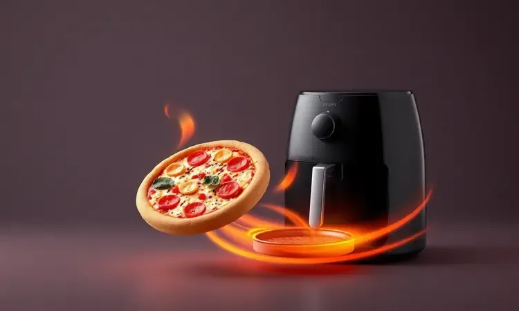 Ilustração 3D conceitual de uma pizza sendo aquecida uniformemente por tecnologia de ar quente em um ambiente moderno.