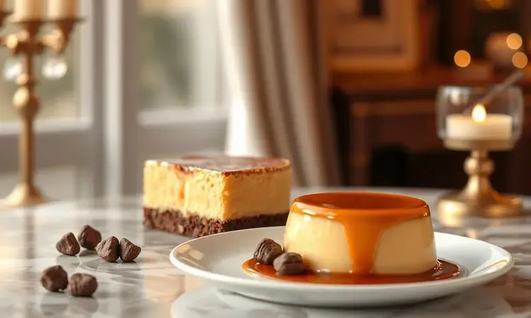 Sobremesas conceituais como pudim e brownie apresentadas de forma artística e elegante.