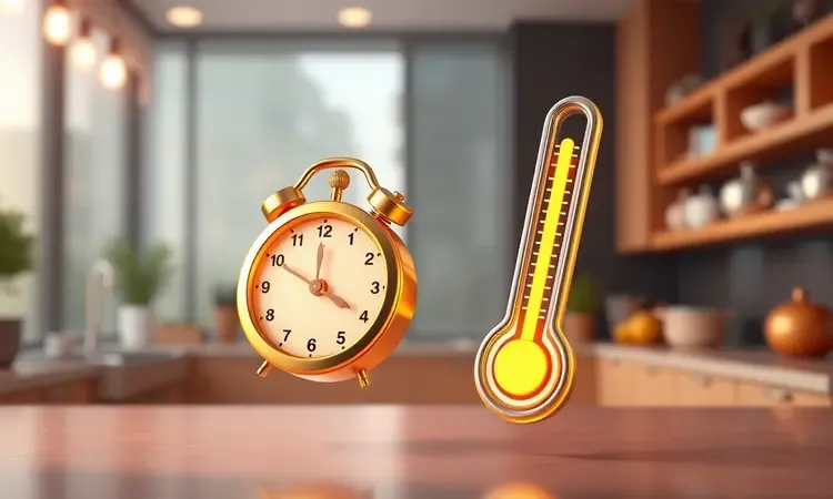 Ícones conceituais de temperatura e relógio em 3D flutuando sobre uma bancada de cozinha moderna.
