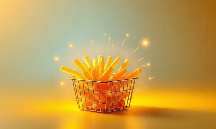 Batatas fritas douradas dentro de uma cesta de airfryer pequena ilustrando rapidez e eficiência energética.
