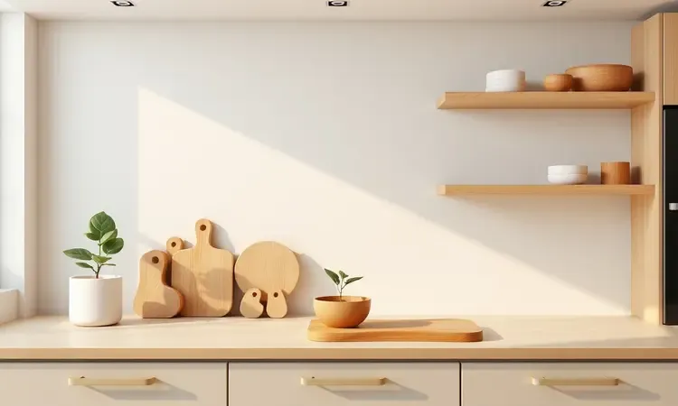 Bancada de cozinha limpa e organizada simbolizando economia de espaço com aparelhos de embutir.