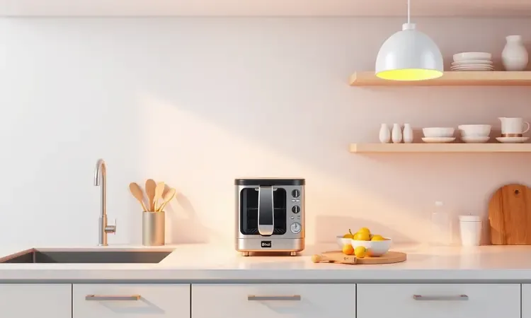 Cozinha minimalista mostrando a economia de espaço com um eletrodoméstico multifuncional sobre a bancada.